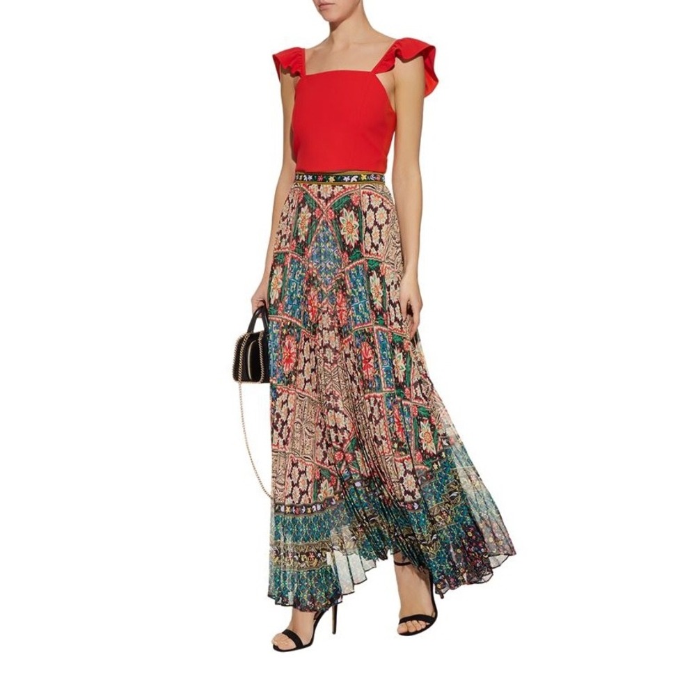 Alice + Olivia Shannon Printed Pleated Maxi Skirt Multicolor Floral Size 0